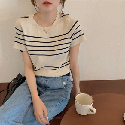 Striped Knit Top with Crew Neck, Short Sleeved, Casual Fit