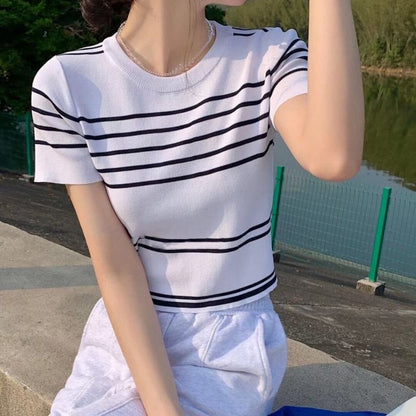 Striped Knit Top with Crew Neck, Short Sleeved, Casual Fit