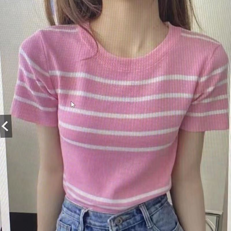Striped Knit Top with Crew Neck, Short Sleeved, Casual Fit