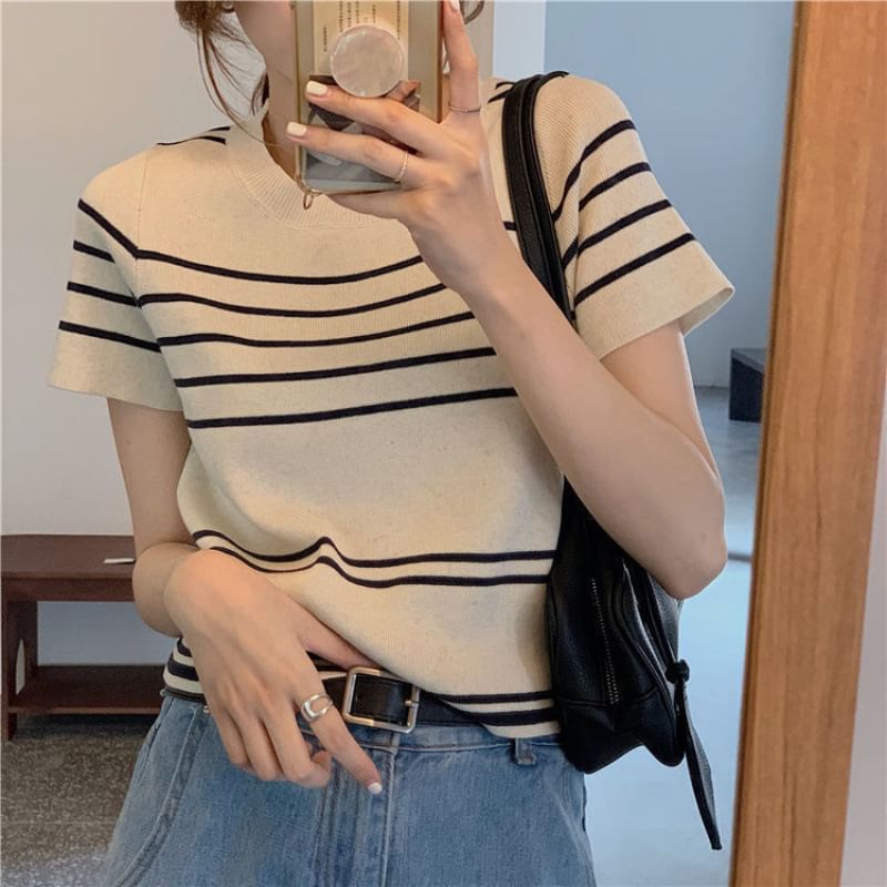 Striped Knit Top with Crew Neck, Short Sleeved, Casual Fit