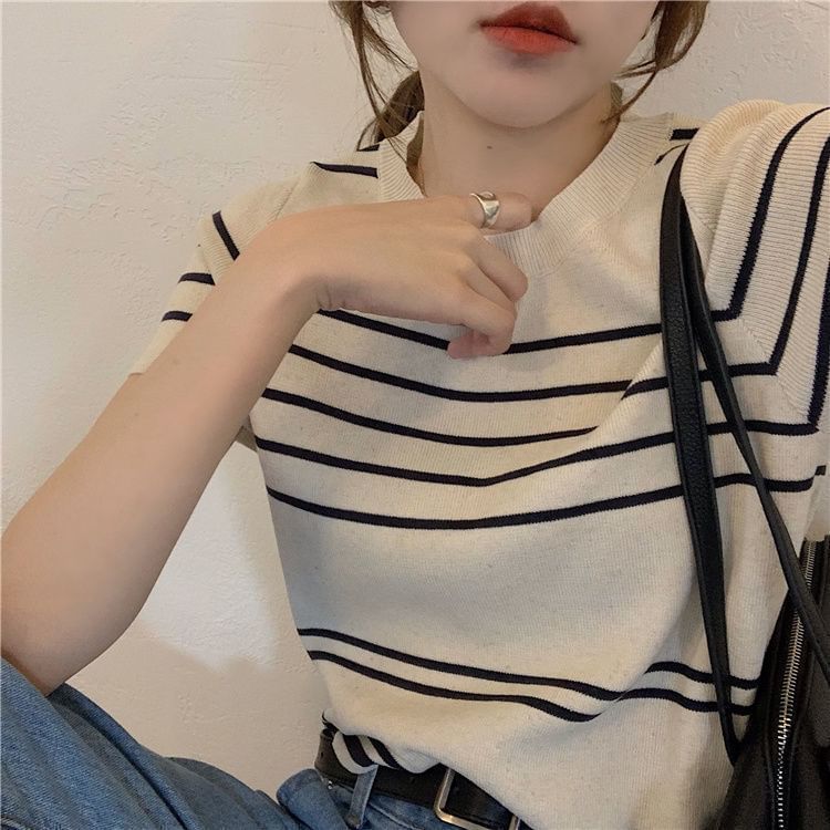 Striped Knit Top with Crew Neck, Short Sleeved, Casual Fit