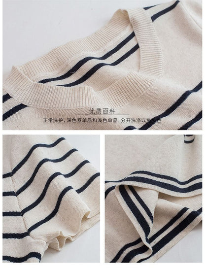 Striped Knit Top with Crew Neck, Short Sleeved, Casual Fit