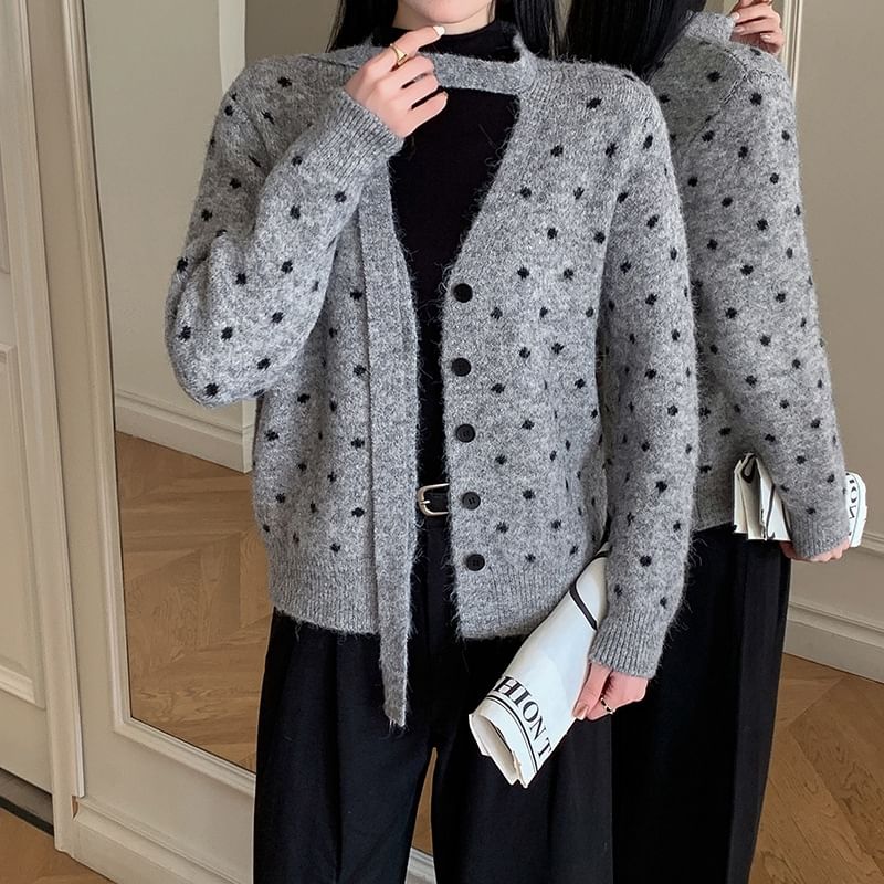 Tie Neck Dotted Cardigan