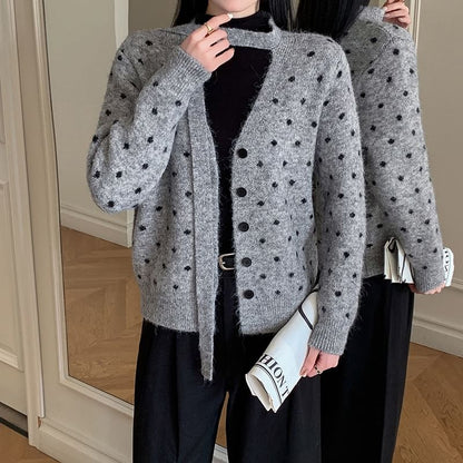 Tie Neck Dotted Cardigan