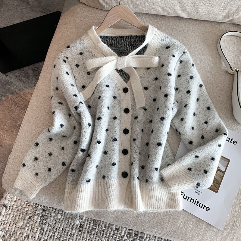 Tie Neck Dotted Cardigan