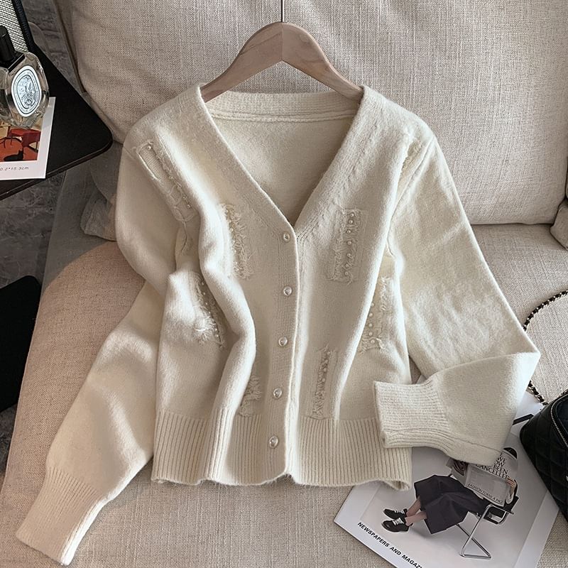 Faux Pearl Fray V-Neck Cardigan