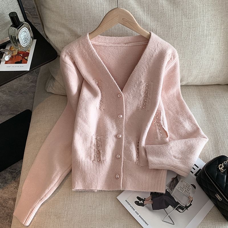 Faux Pearl Fray V-Neck Cardigan