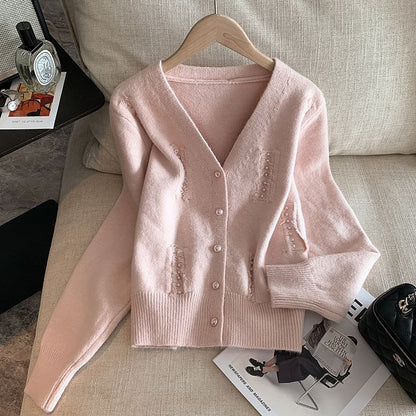 Faux Pearl Fray V-Neck Cardigan