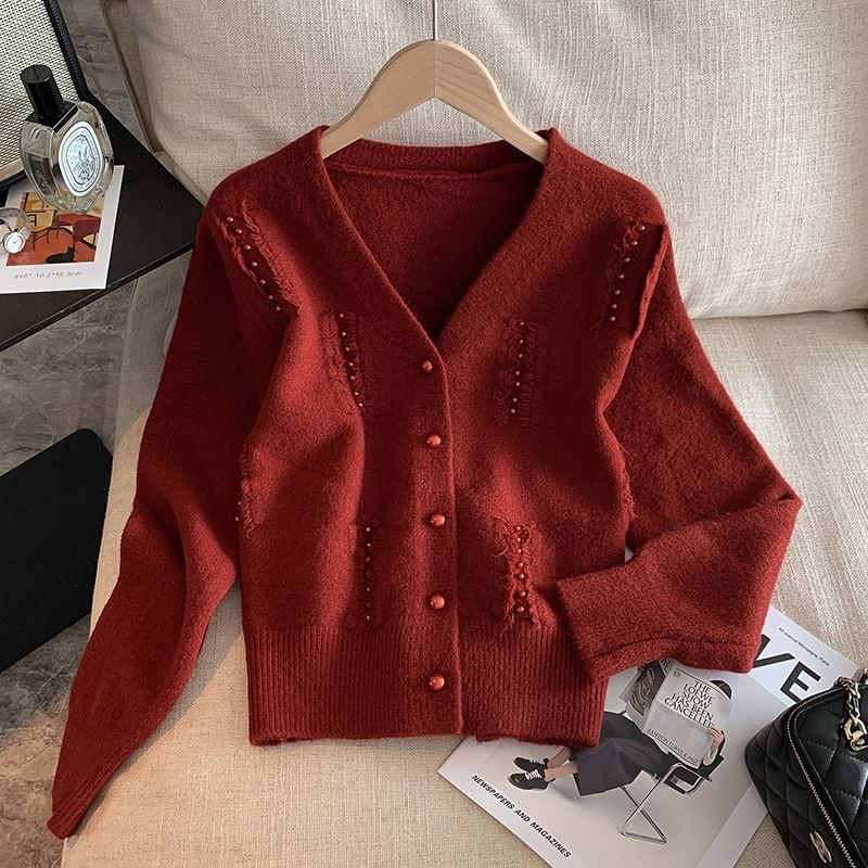 Faux Pearl Fray V-Neck Cardigan