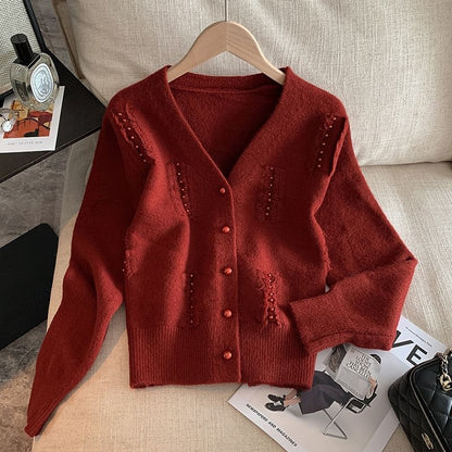 Faux Pearl Fray V-Neck Cardigan