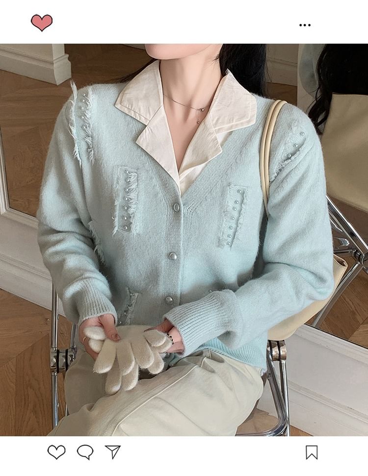 Faux Pearl Fray V-Neck Cardigan