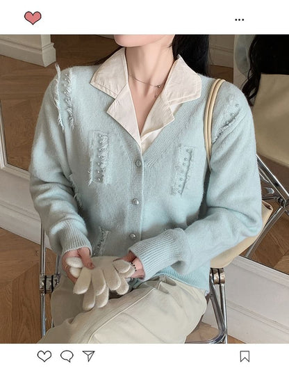 Faux Pearl Fray V-Neck Cardigan