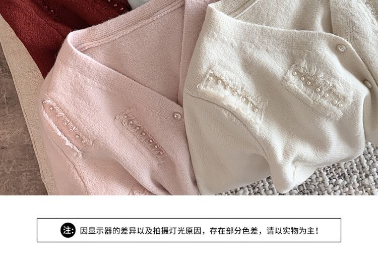 Faux Pearl Fray V-Neck Cardigan