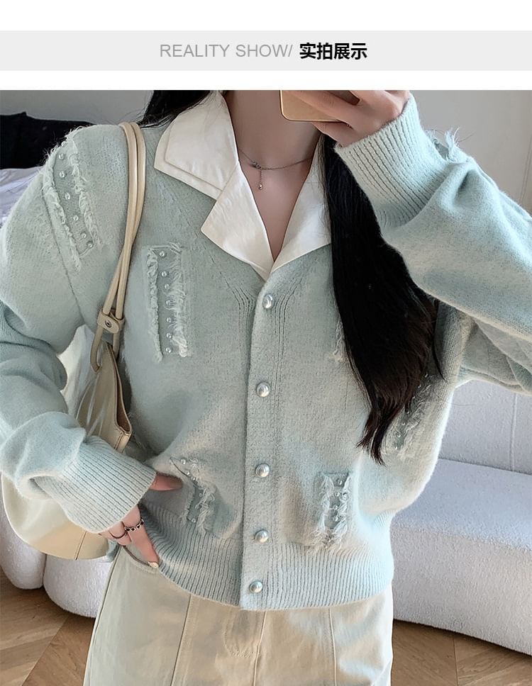 Faux Pearl Fray V-Neck Cardigan