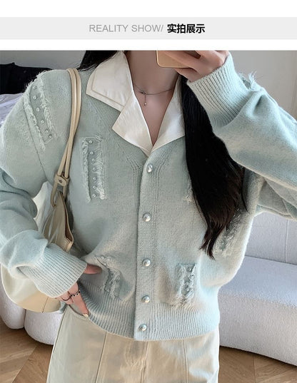 Faux Pearl Fray V-Neck Cardigan
