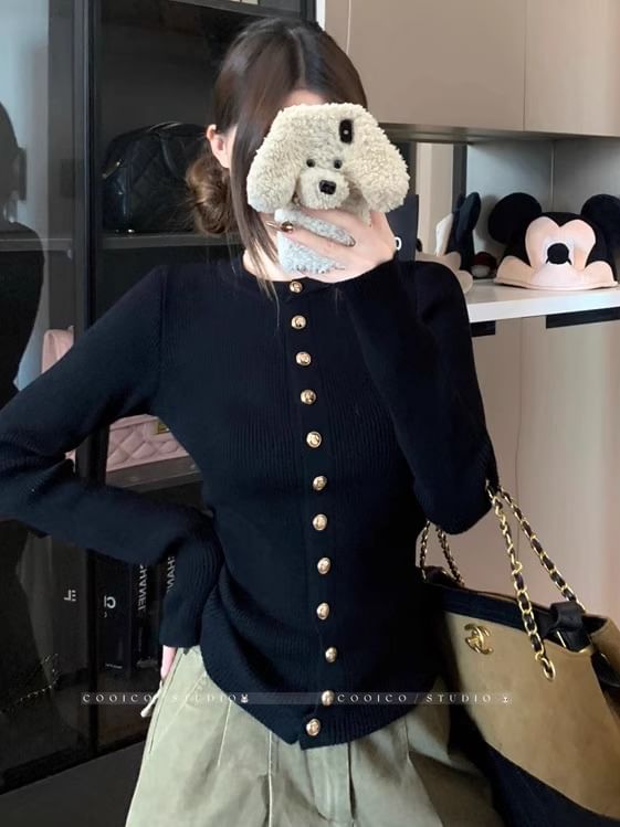 Crew Neck Button-Front Cardigan