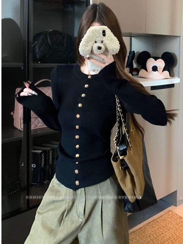 Crew Neck Button-Front Cardigan