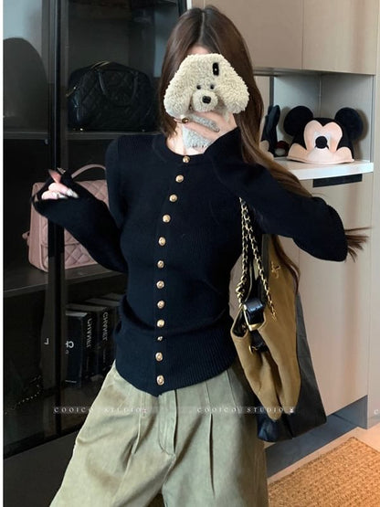 Crew Neck Button-Front Cardigan