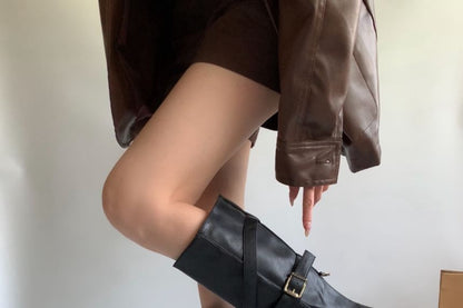Faux Leather Plain Tall Boots