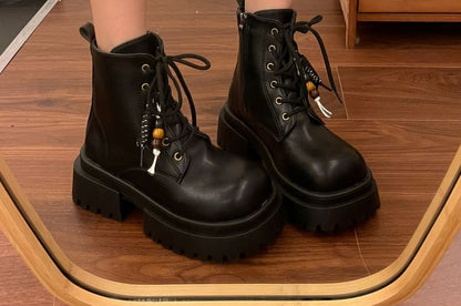 Faux Leather Platform Lace-Up Short Boots