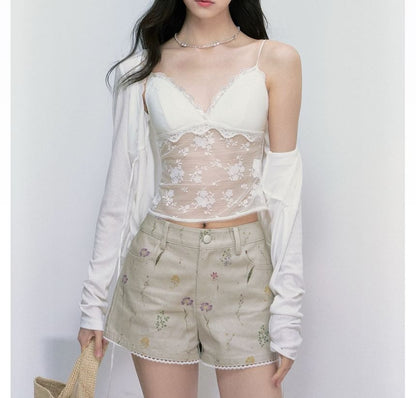 V-Neck Lace Camisole Top with Light Cardigan