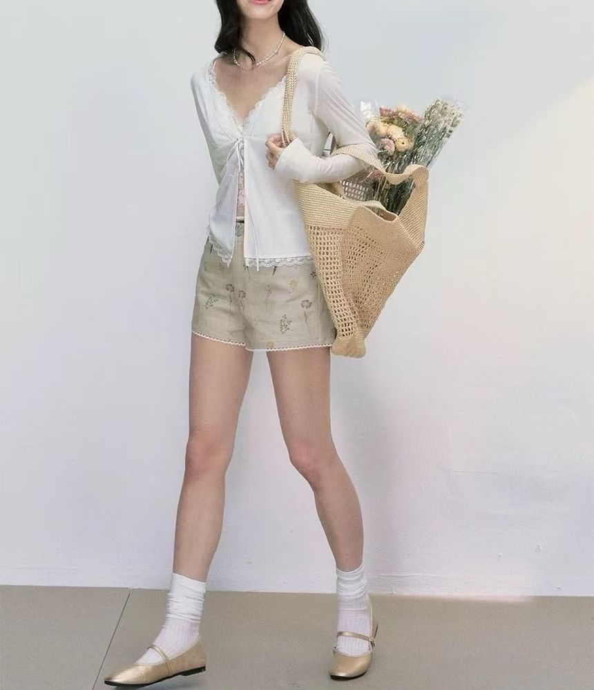 V-Neck Lace Camisole Top with Light Cardigan