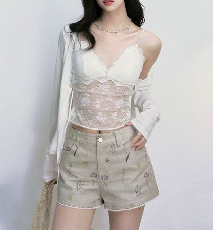 V-Neck Lace Camisole Top with Light Cardigan