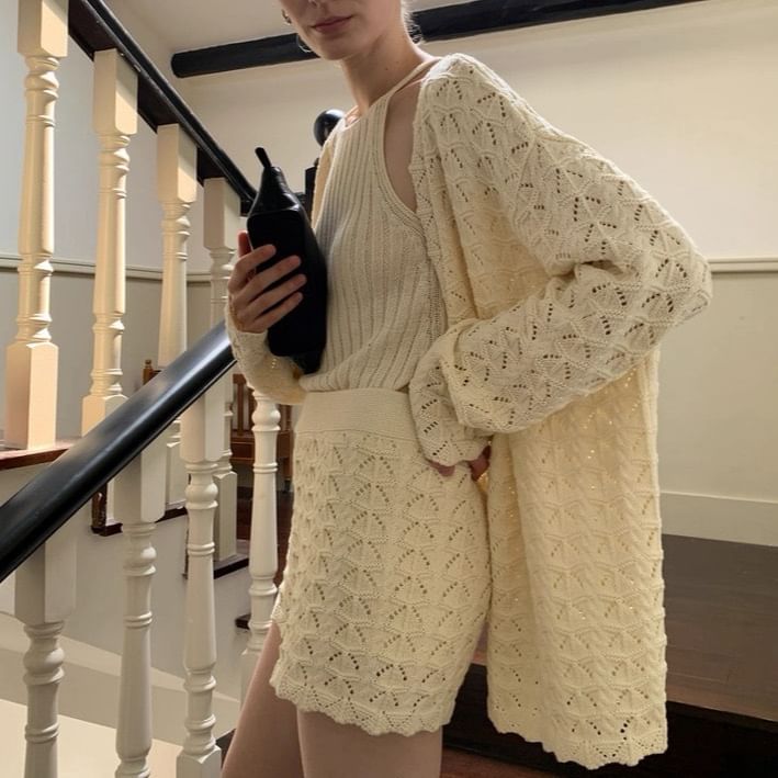 Spaghetti Strap Knit Camisole Top with High-Waisted Shorts and Pointelle Cardigan Set