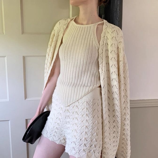 Spaghetti Strap Knit Camisole Top with High-Waisted Shorts and Pointelle Cardigan Set