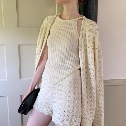 Spaghetti Strap Knit Camisole Top with High-Waisted Shorts and Pointelle Cardigan Set