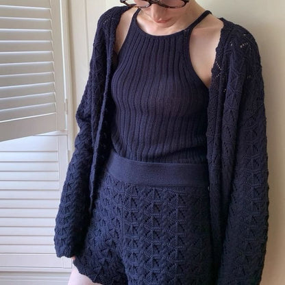 Spaghetti Strap Knit Camisole Top with High-Waisted Shorts and Pointelle Cardigan Set