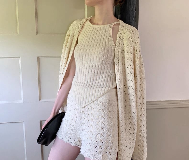 Spaghetti Strap Knit Camisole Top with High-Waisted Shorts and Pointelle Cardigan Set