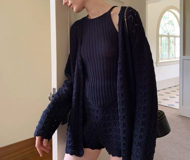 Spaghetti Strap Knit Camisole Top with High-Waisted Shorts and Pointelle Cardigan Set