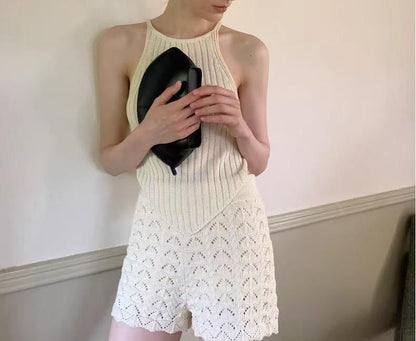 Spaghetti Strap Knit Camisole Top with High-Waisted Shorts and Pointelle Cardigan Set