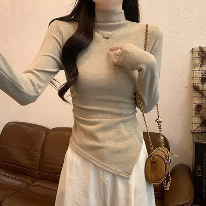 Asymmetric Slim-Fit Mock-Neck Long-Sleeved Tee