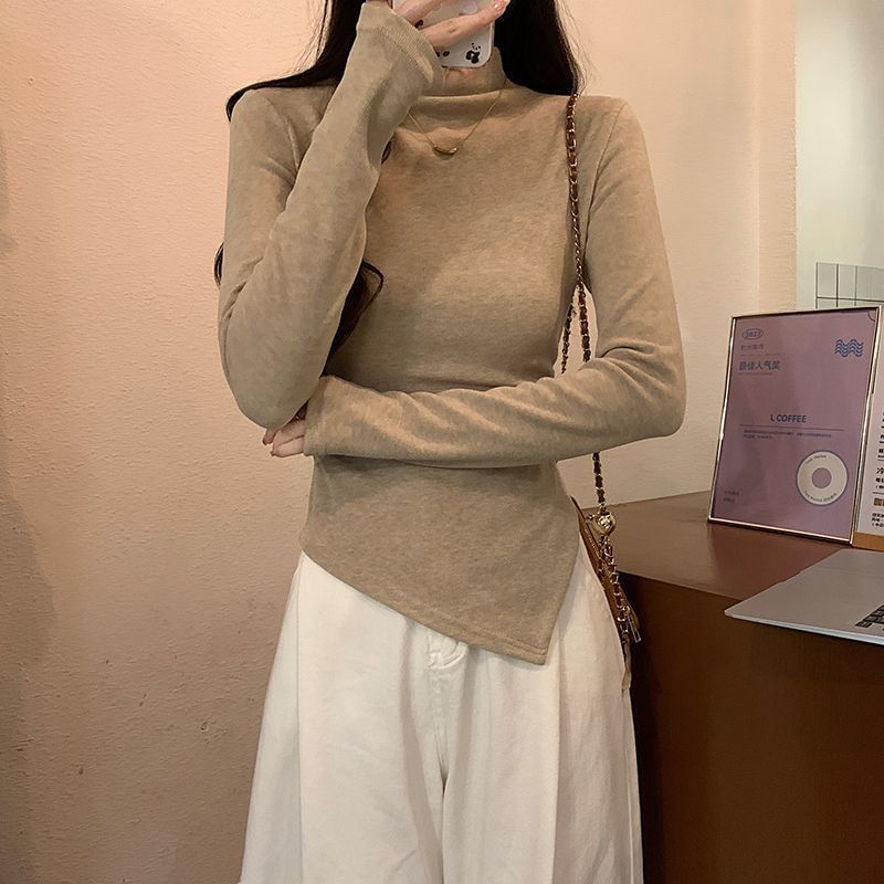 Asymmetric Slim-Fit Mock-Neck Long-Sleeved Tee