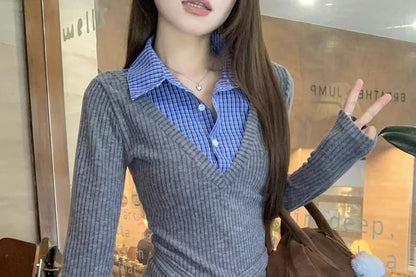 Plaid Panel Ribbed Slim-Fit Mock Two-Piece Collared Long-Sleeved Tee