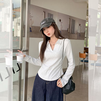 Plain V-Neck Slim-Fit Long-Sleeved Polo Shirt