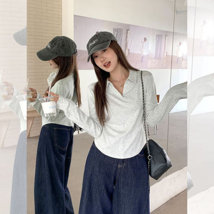 Plain V-Neck Slim-Fit Long-Sleeved Polo Shirt