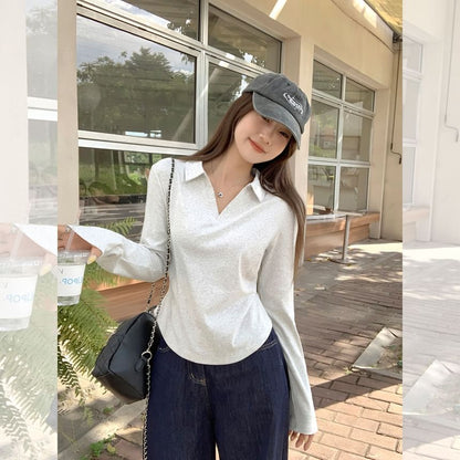 Plain V-Neck Slim-Fit Long-Sleeved Polo Shirt