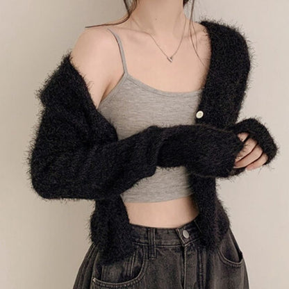 V-Neck Plain Cropped Knitted Cardigan