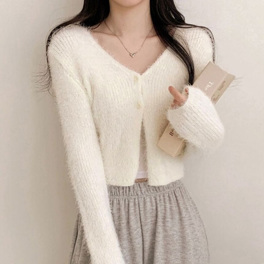 V-Neck Plain Cropped Knitted Cardigan