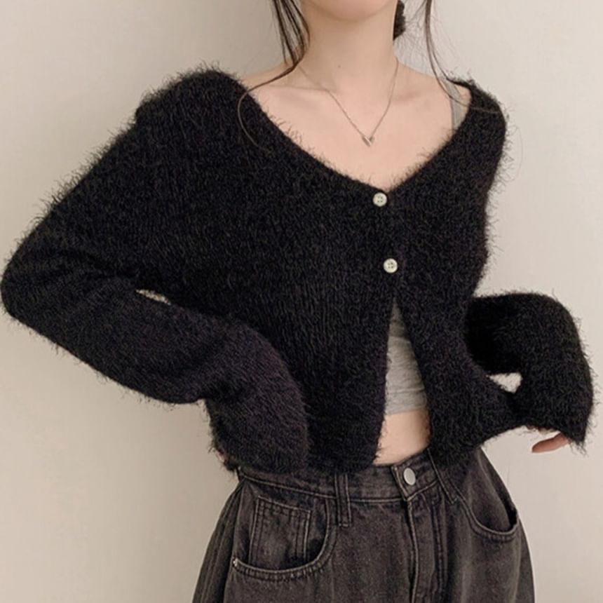 V-Neck Plain Cropped Knitted Cardigan