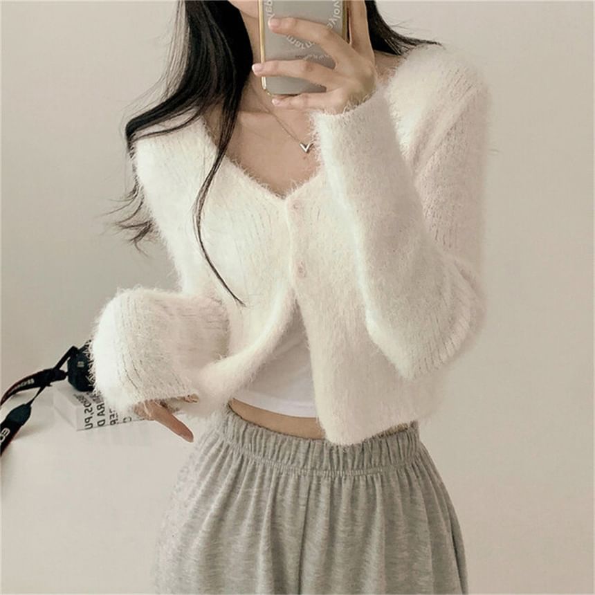 V-Neck Plain Cropped Knitted Cardigan
