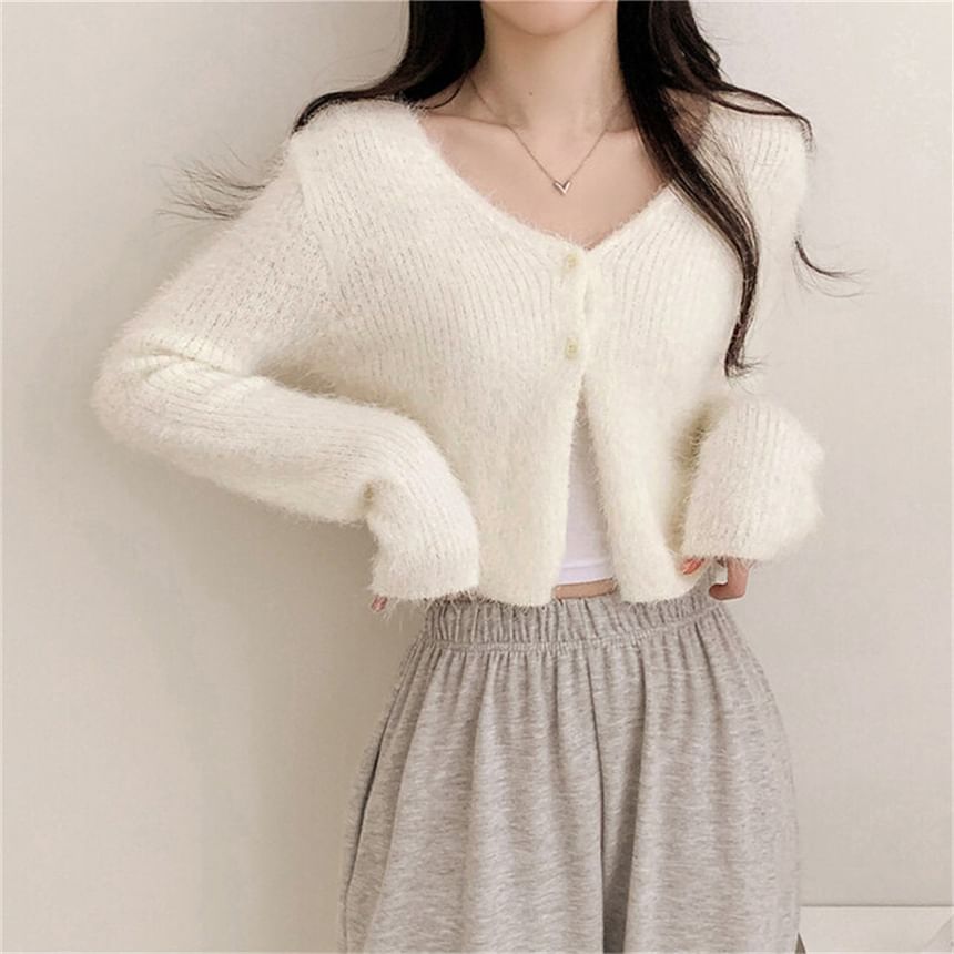 V-Neck Plain Cropped Knitted Cardigan