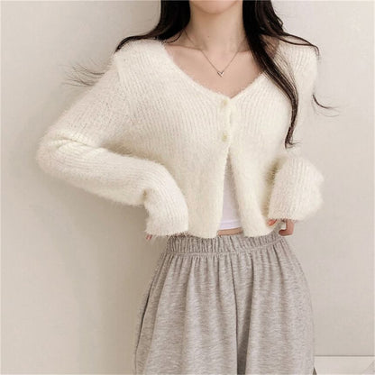 V-Neck Plain Cropped Knitted Cardigan