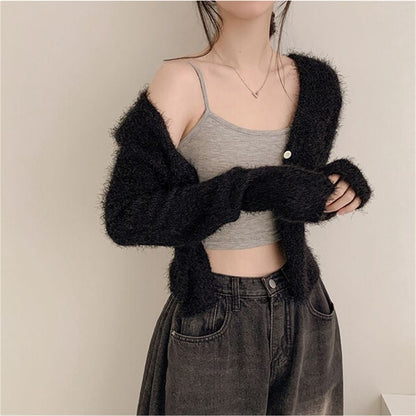 V-Neck Plain Cropped Knitted Cardigan