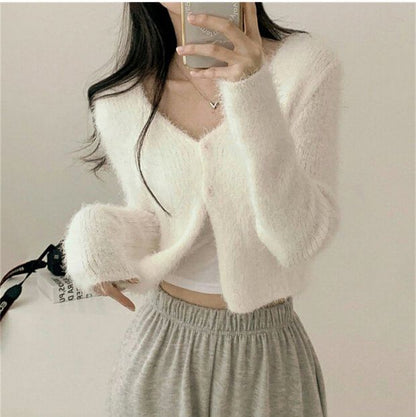 V-Neck Plain Cropped Knitted Cardigan