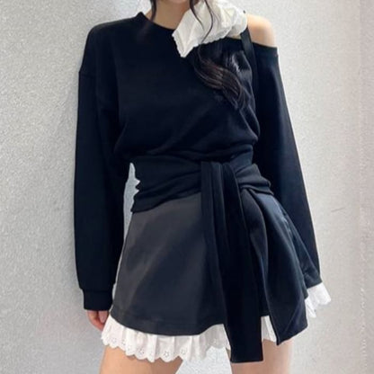 Boat-Neck Knotted Plain Pullover & Lace-Trimmed Mini Skirt