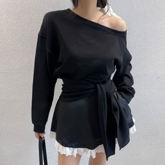 Boat-Neck Knotted Plain Pullover & Lace-Trimmed Mini Skirt